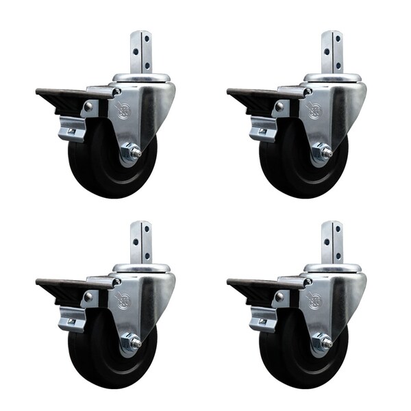 4'' Hard Rubber Wheel Swivel 7/8'' Square Stem Caster Set with Brake, 4PK